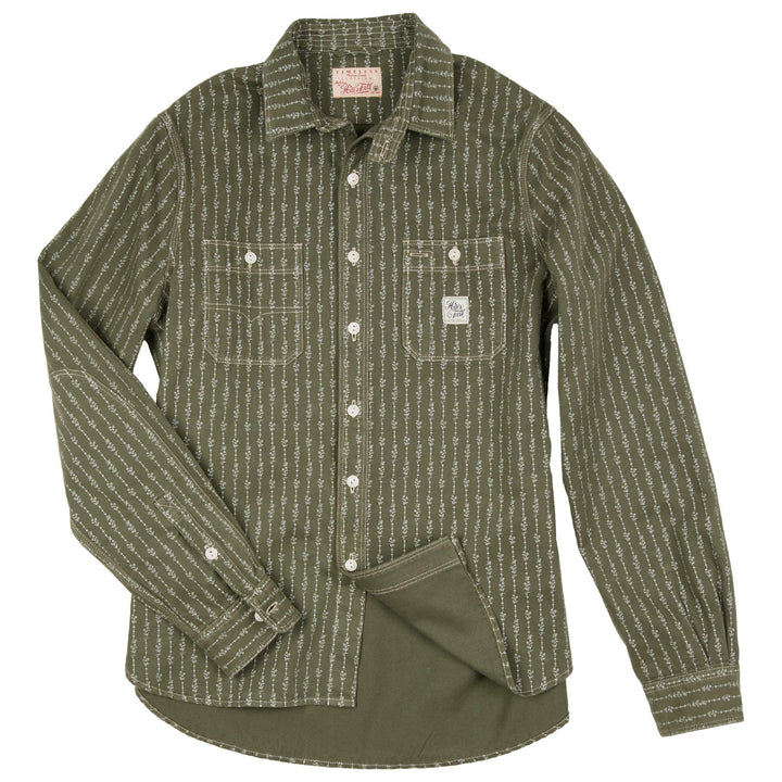 Hens Teeth Work Shirt in Mil. Green Printed Herringbone