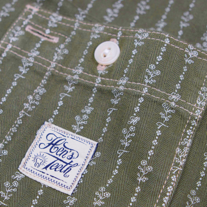 Hens Teeth Work Shirt in Mil. Green Printed Herringbone