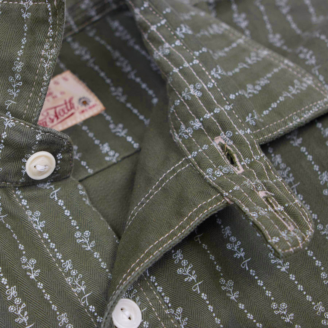 Hens Teeth Work Shirt in Mil. Green Printed Herringbone