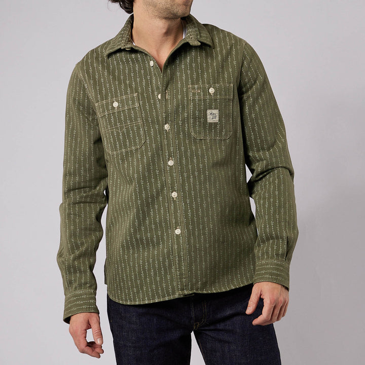 Hens Teeth Work Shirt in Mil. Green Printed Herringbone