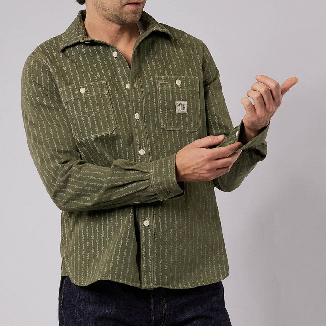 Hens Teeth Work Shirt in Mil. Green Printed Herringbone