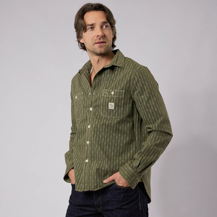 Hens Teeth Work Shirt in Mil. Green Printed Herringbone