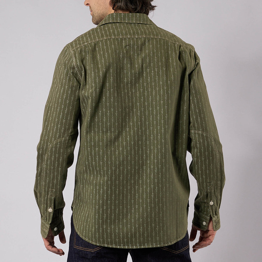 Hens Teeth Work Shirt in Mil. Green Printed Herringbone