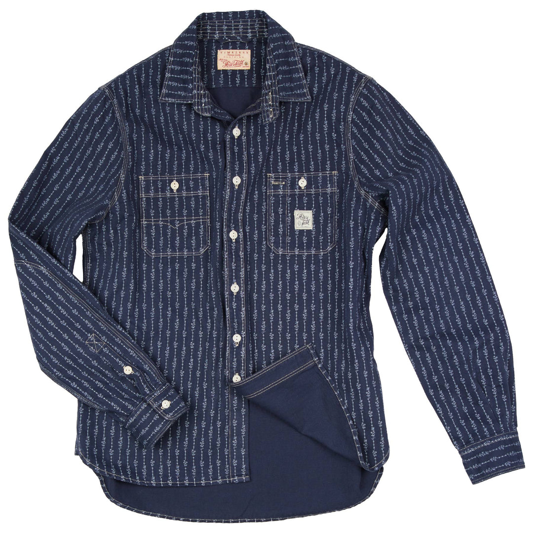 Hens Teeth Work Shirt in Blue Printed Herringbone