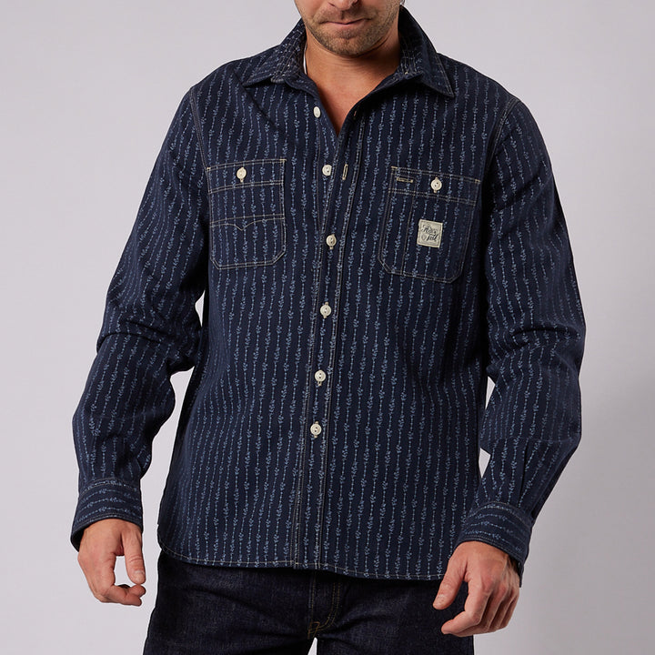 Hens Teeth Work Shirt in Blue Printed Herringbone