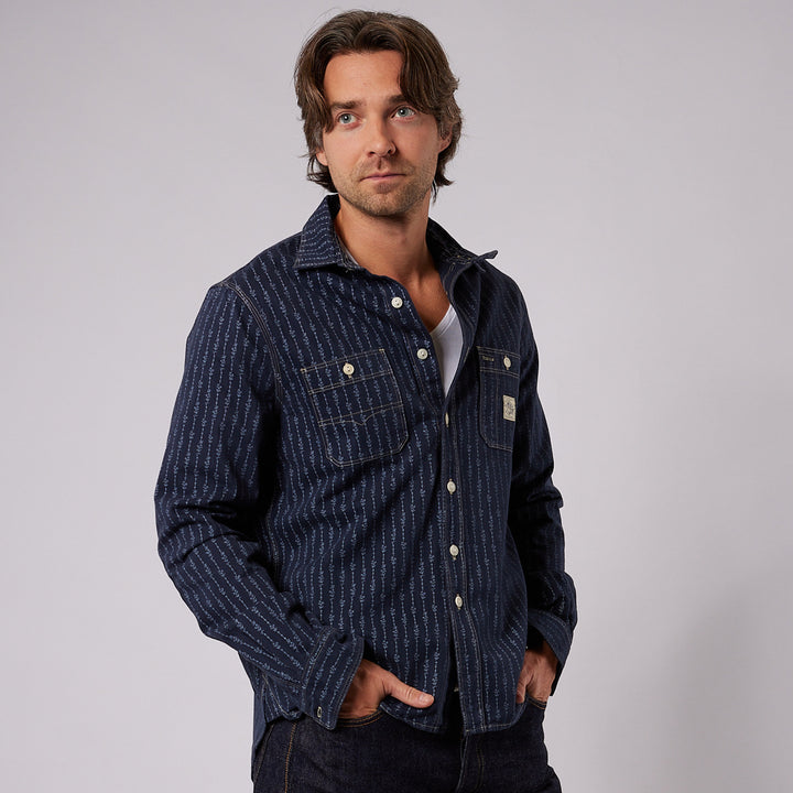 Hens Teeth Work Shirt in Blue Printed Herringbone